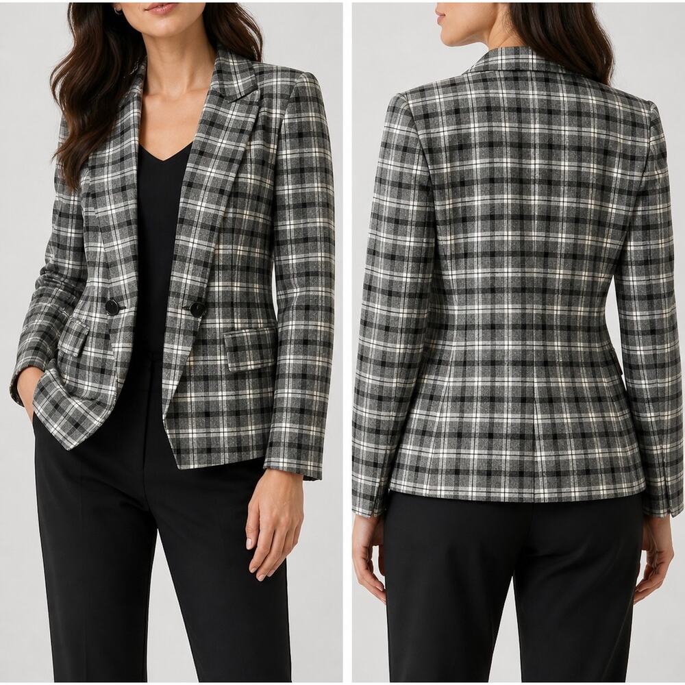 Theory Yukon Flannel Double Breasted Plaid Wool Blazer Jacket Size 6